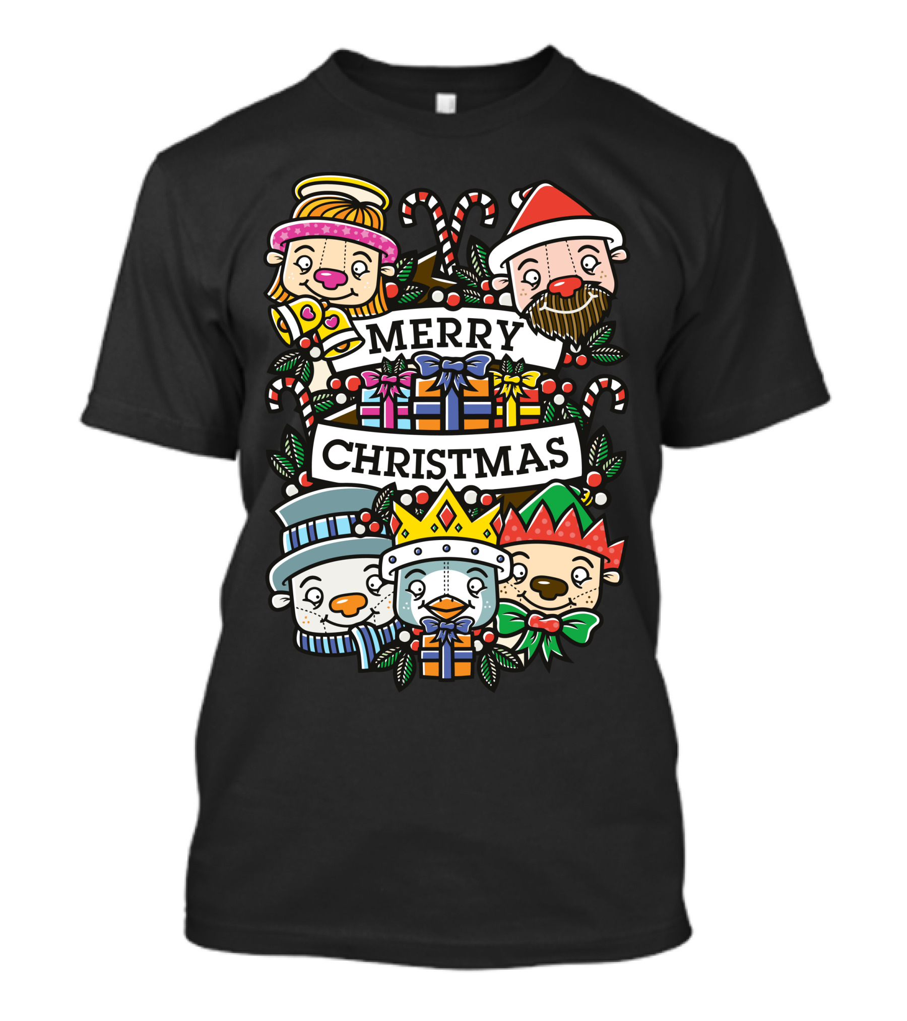 Merry Christmas Festive Characters With Candy Canes And Gifts T-Shirt