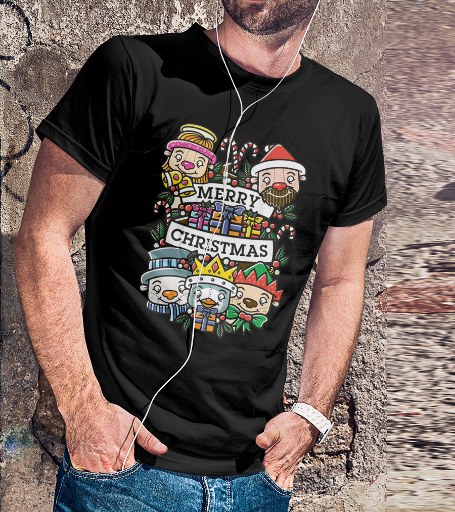 Merry Christmas Festive Characters With Candy Canes And Gifts T-Shirt