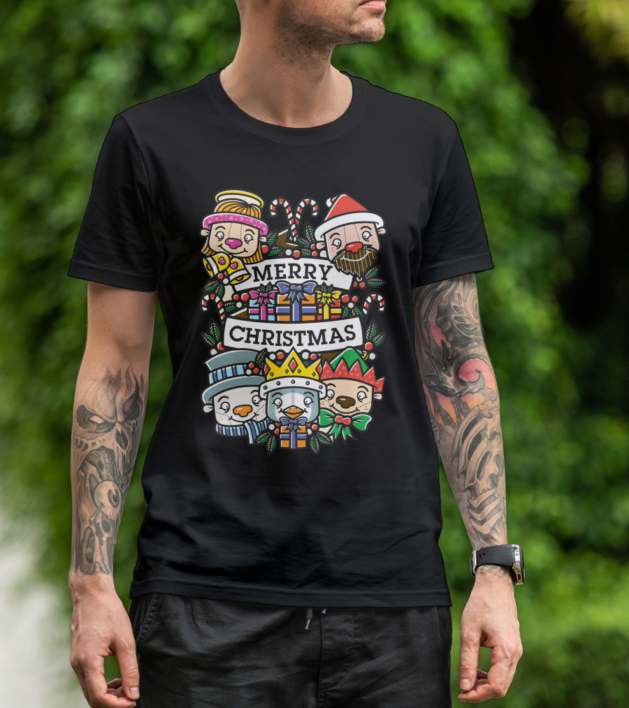 Merry Christmas Festive Characters With Candy Canes And Gifts T-Shirt
