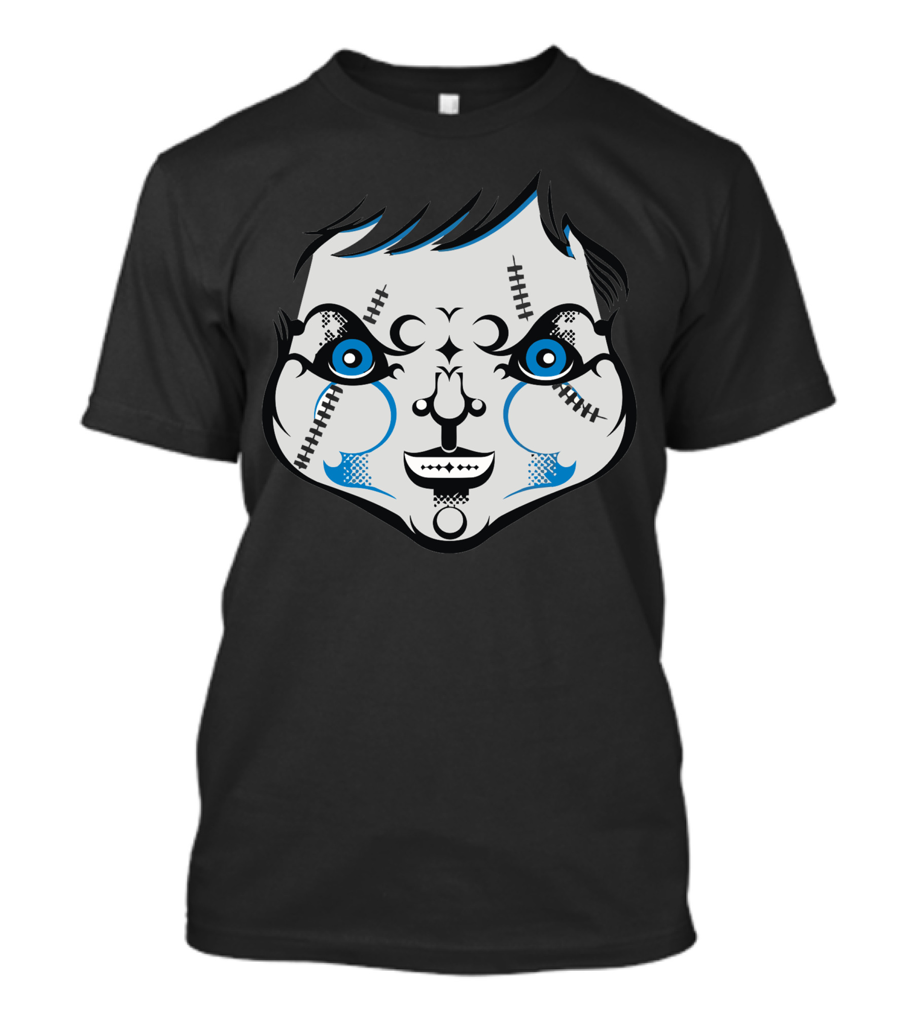 Chucky La Poupee De Sang Creepy Doll Face With Stitches And Blue Highlights T-Shirt