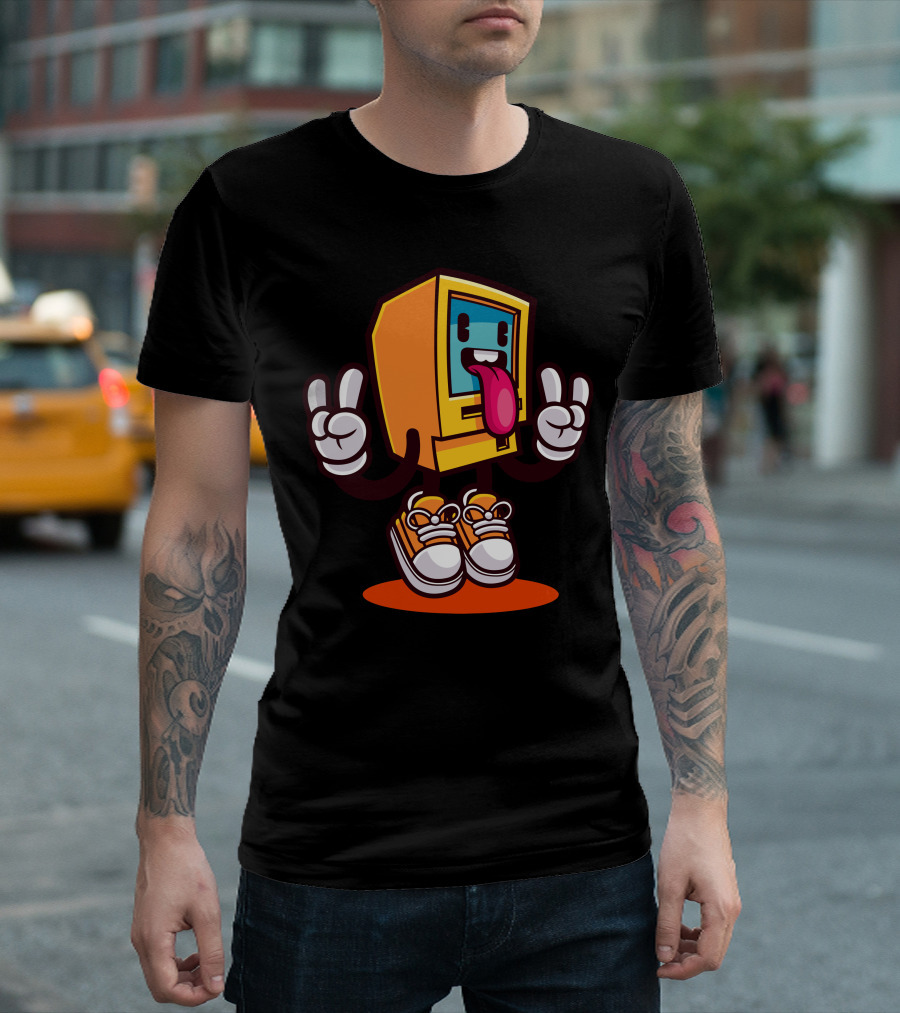 Computer Rock Cartoon Character with Sneakers and Peace Signs T-Shirt
