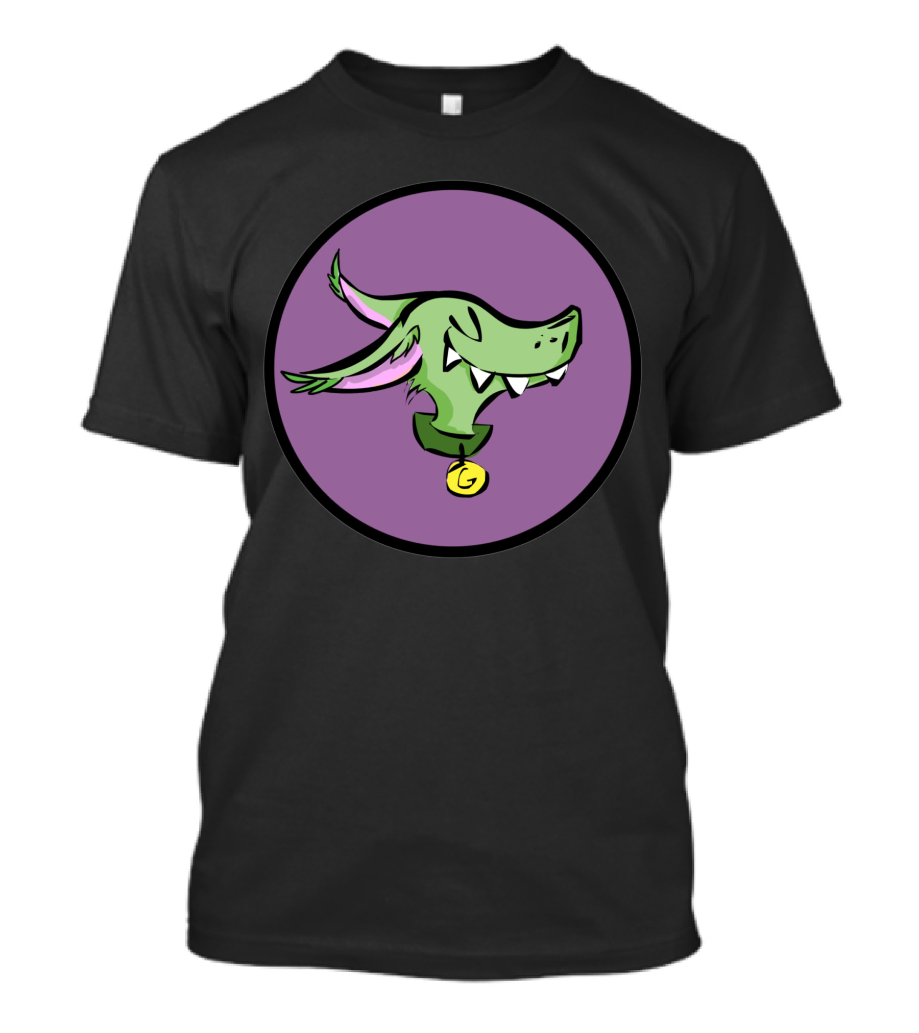 Goggie Green Creature With Gold Bell Purple Background T-Shirt