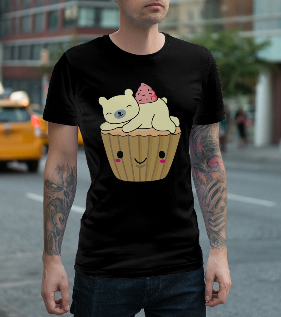 Cute Polar Bear Resting on Smiling Cupcake with Pink Frosting T-Shirt