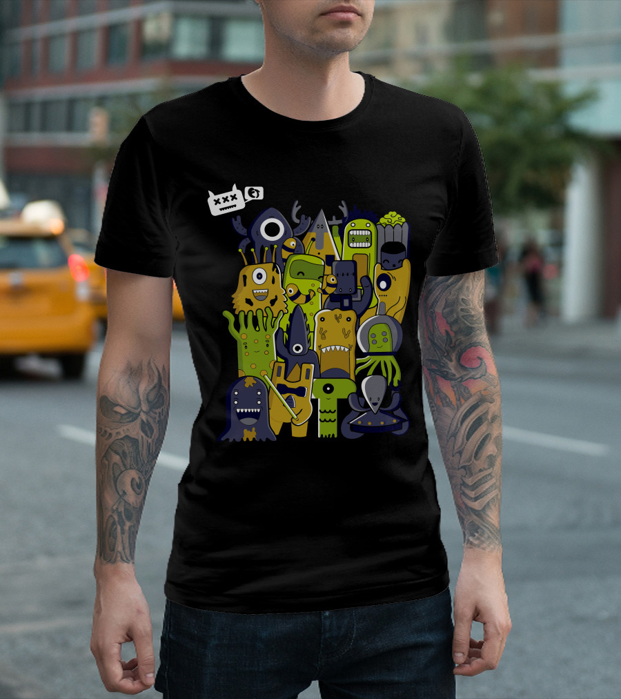 Creatures From Outer Space Alien Cartoon Monsters Comic Doodles T-Shirt