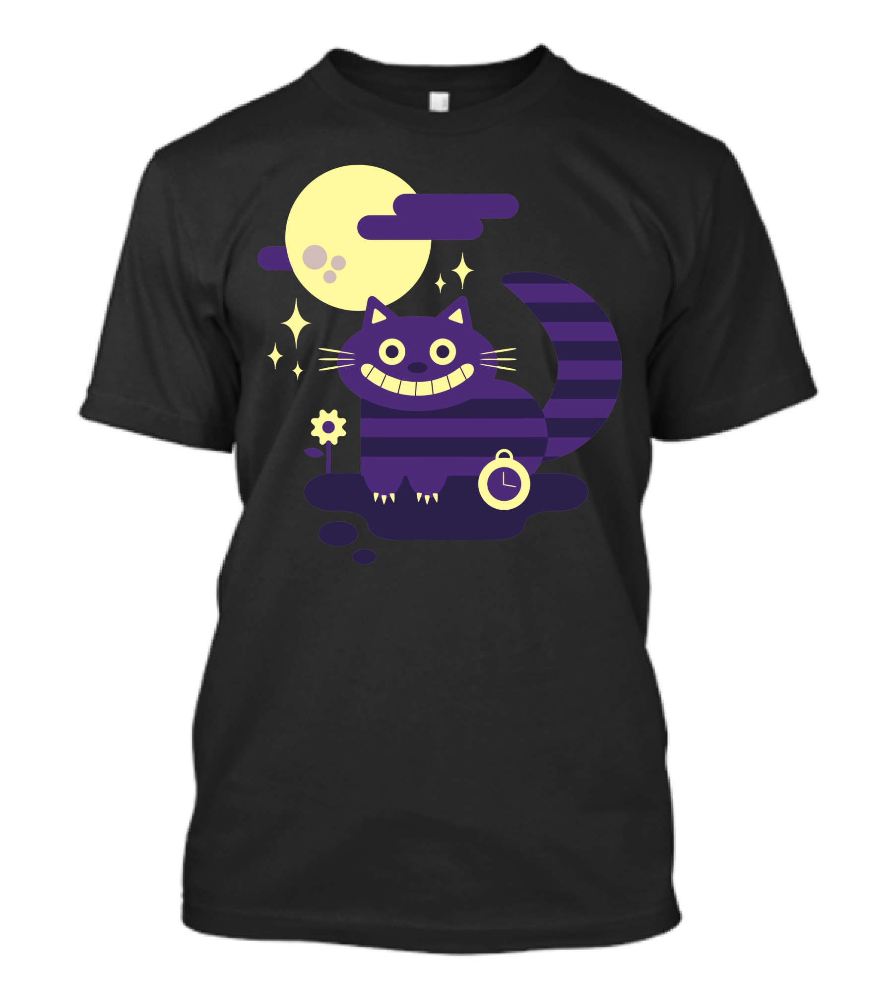 Cheshire Cat Grinning Under Full Moon With Clock And Stripe T-Shirt