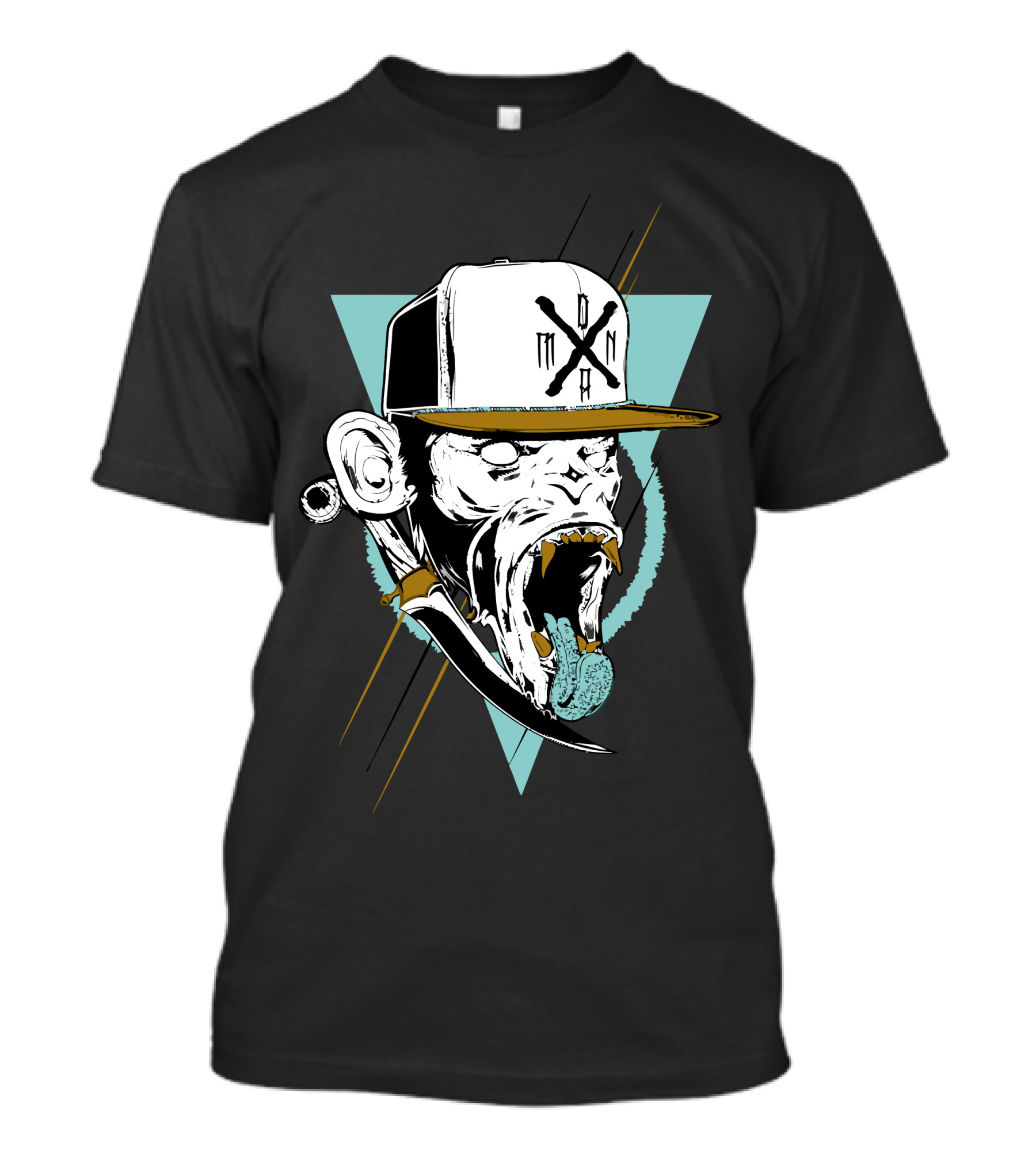Monkey Head With Cap And Tongue Out In Geometric T-Shirt