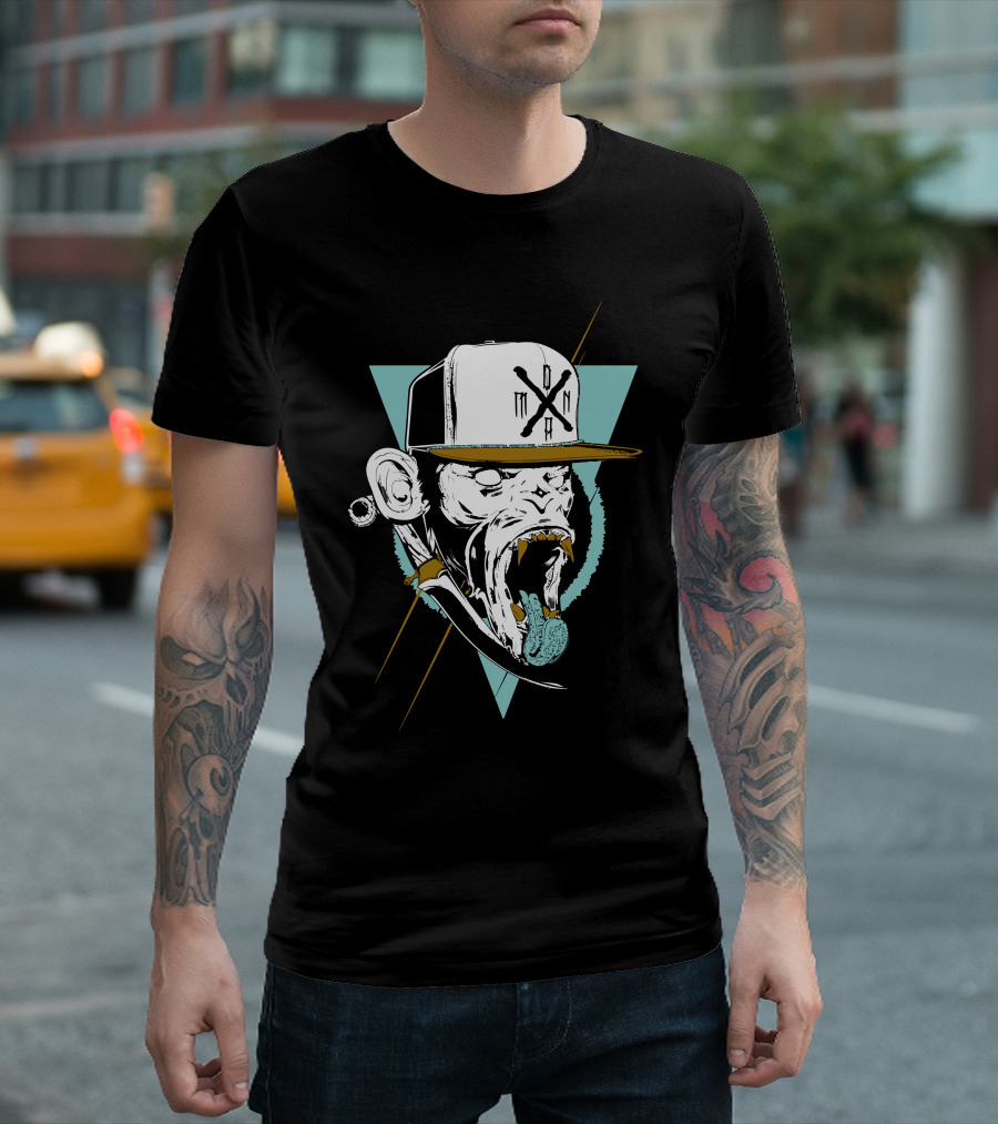 Monkey Head With Cap And Tongue Out In Geometric T-Shirt