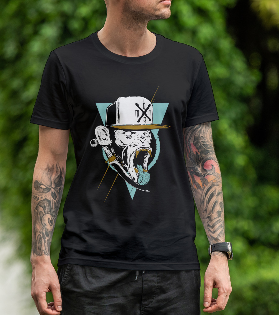 Monkey Head With Cap And Tongue Out In Geometric T-Shirt