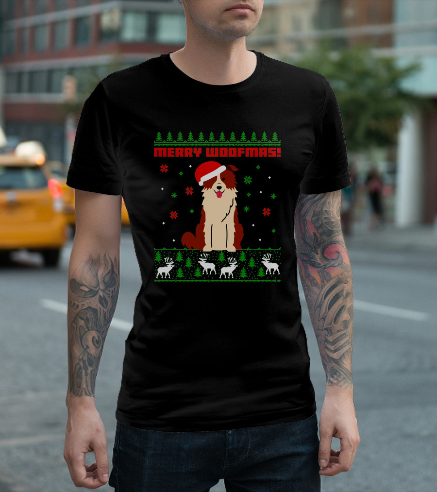 Border Collie Dog Merry Woofmas Santa Hat Reindeer Christmas Trees Snowflakes T-Shirt