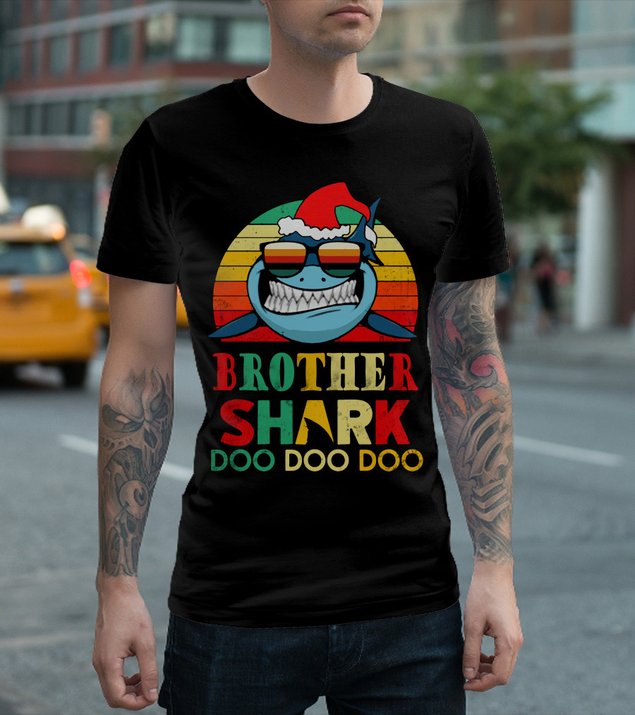 Brother Shark Doo Doo Doo Christmas Santa Hat Sunglasses Retro T-Shirt