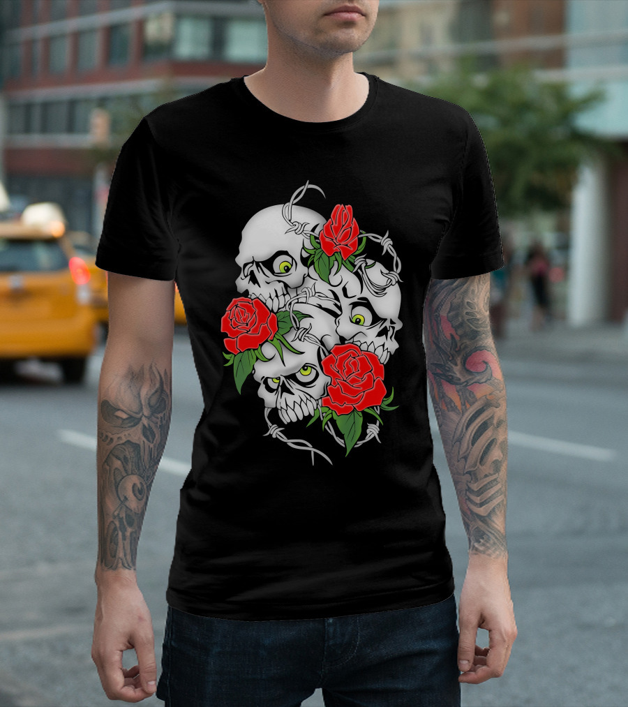 Cool Design Rose And Skulls With Barbed Wire Elements T-Shirt