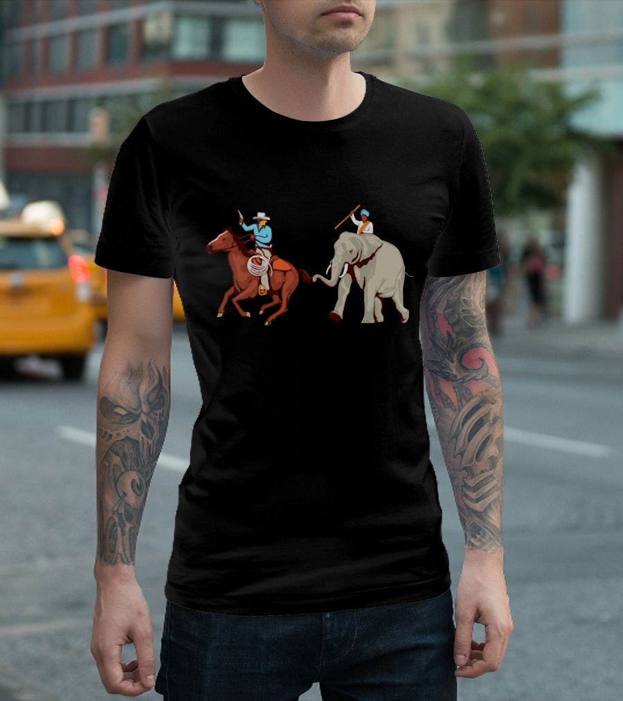 Cowboys Versus Indian Elephant Rider: Western Meets Eastern Adventure T-Shirt