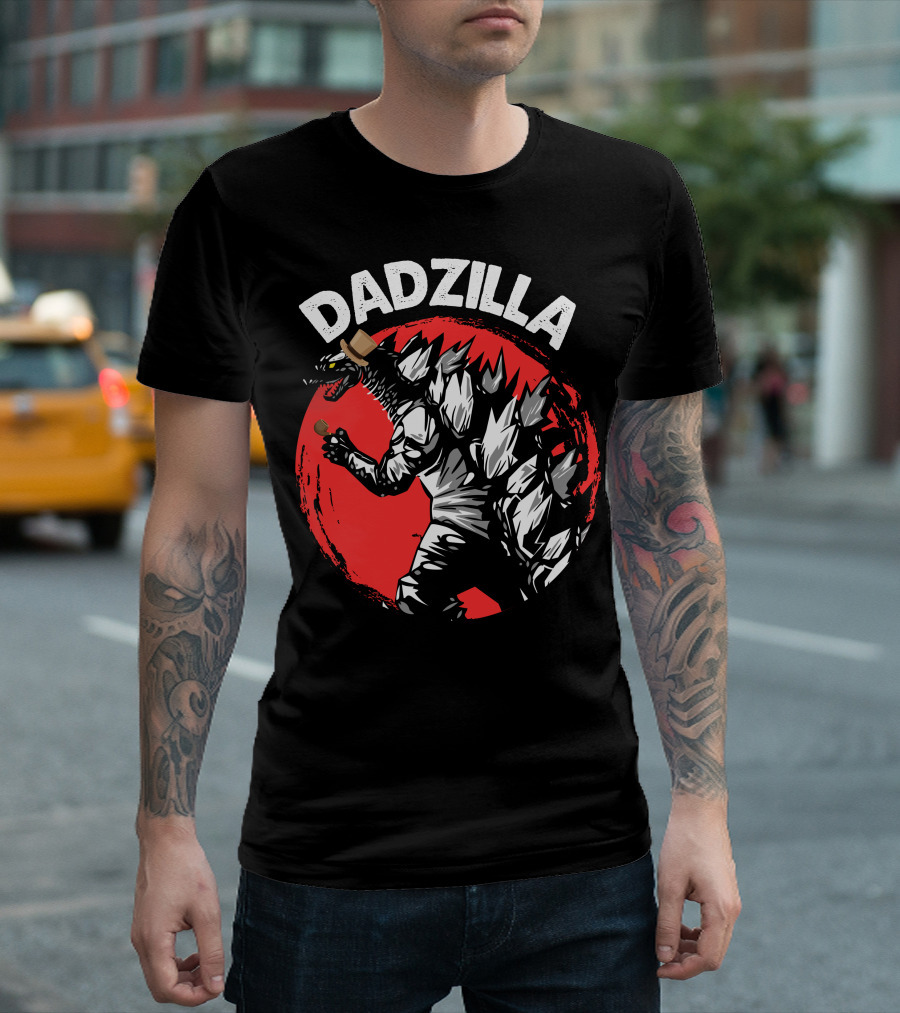 Dadzilla Kaiju Monster Holding Beer with Red Sun Background T-Shirt