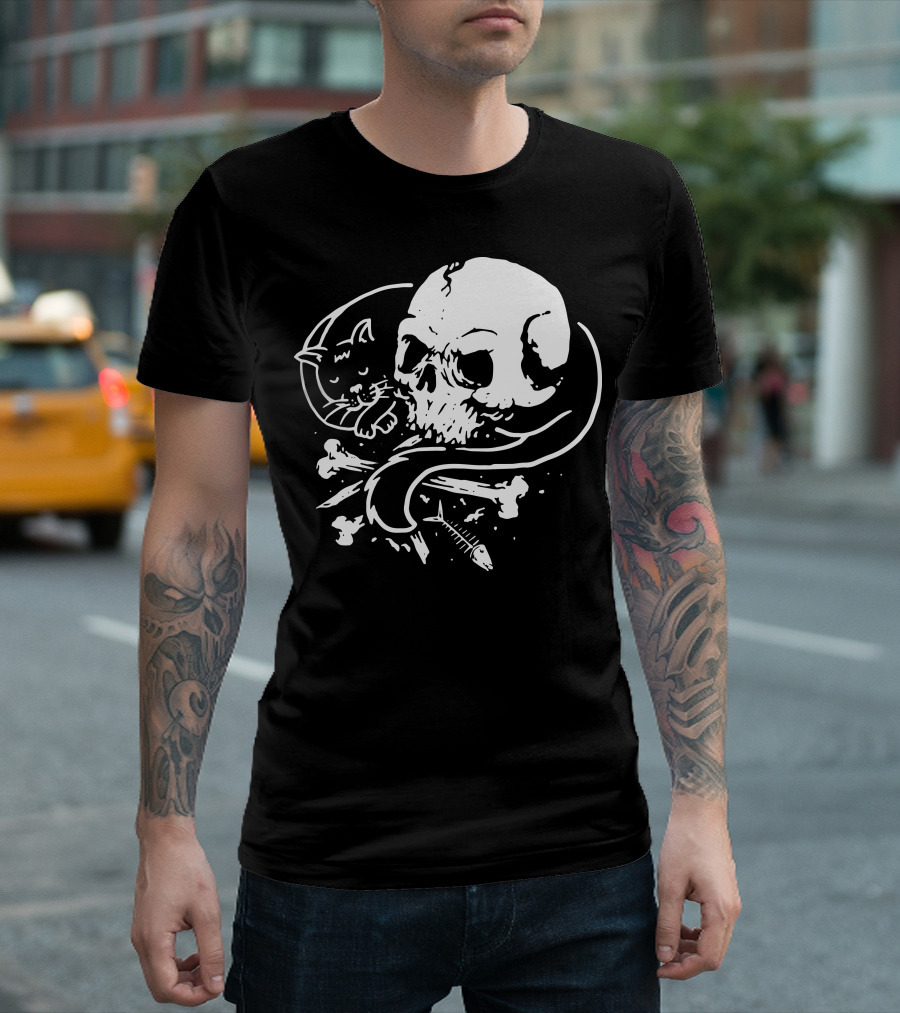 Dark Cat Skull Bones Fish T-Shirt