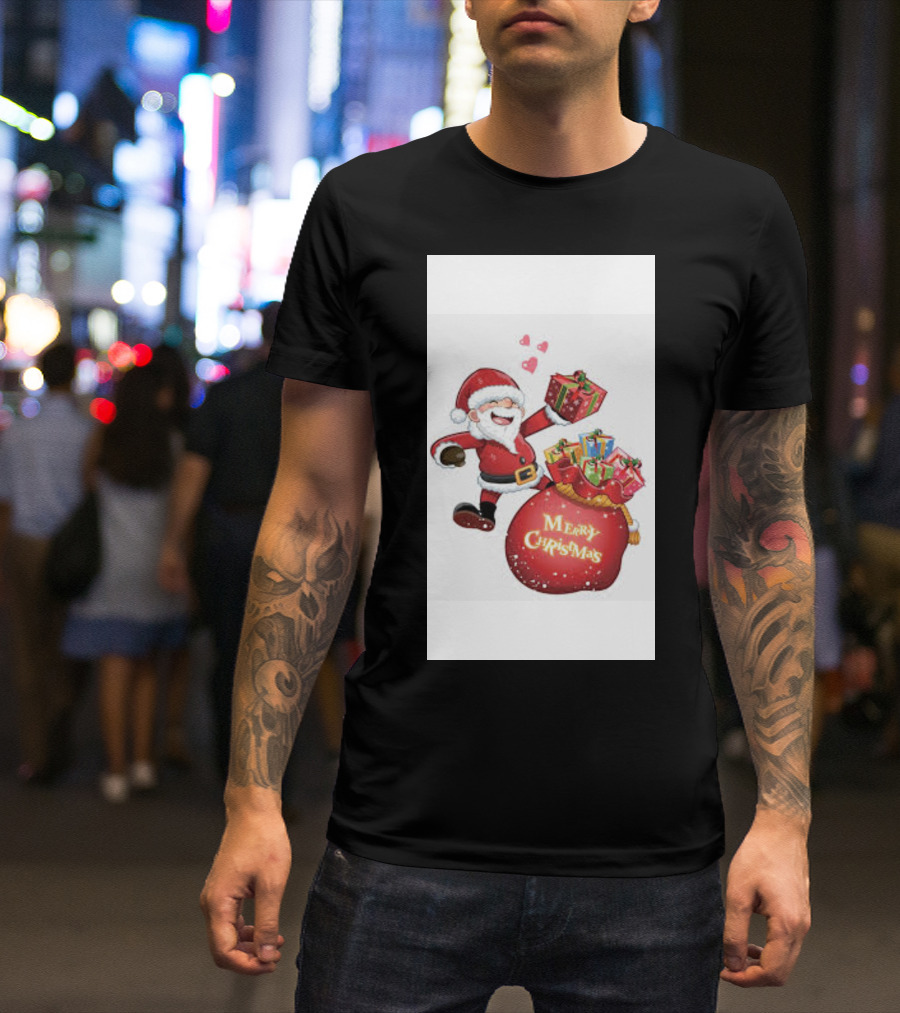 Merry Christmas Santa With Gifts And Hearts T-Shirt