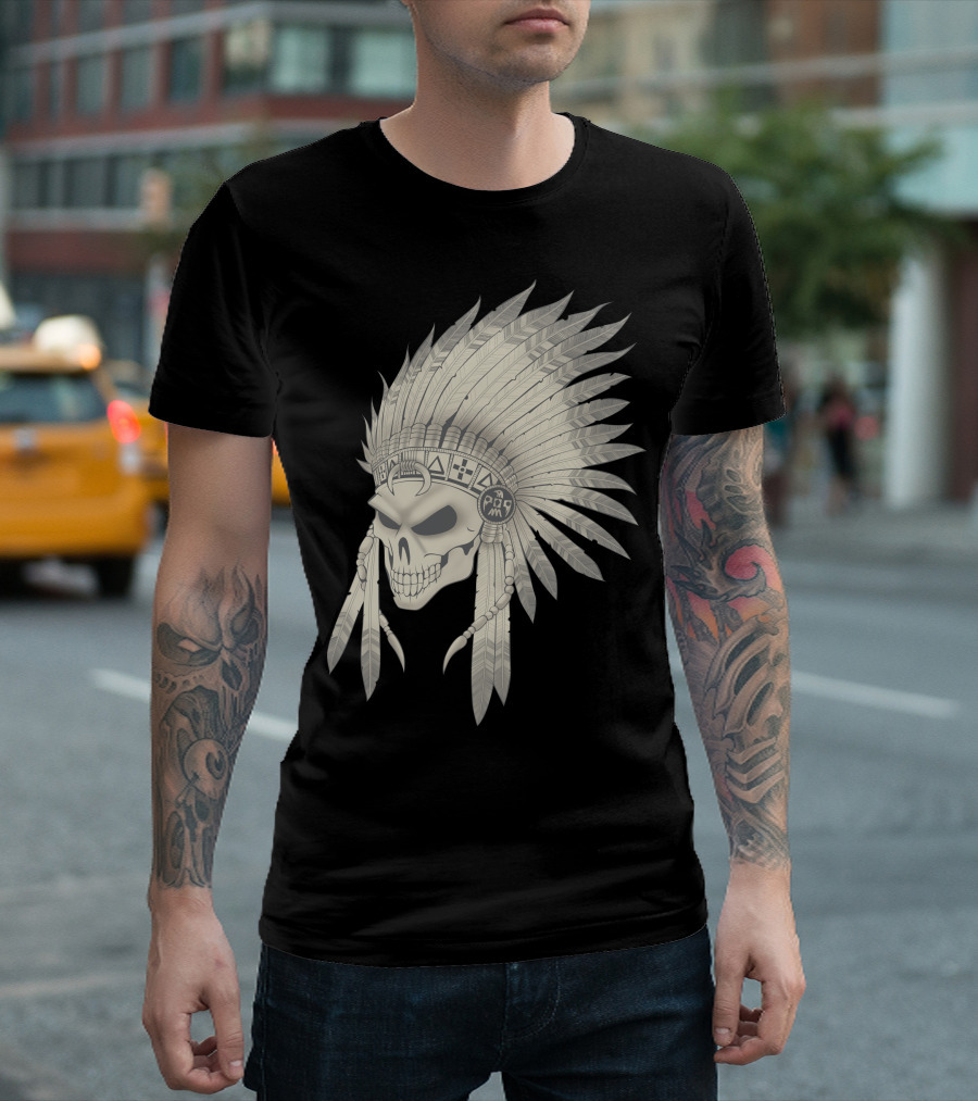 Pencyl Art Indian Skull Feather Headdress T-Shirt