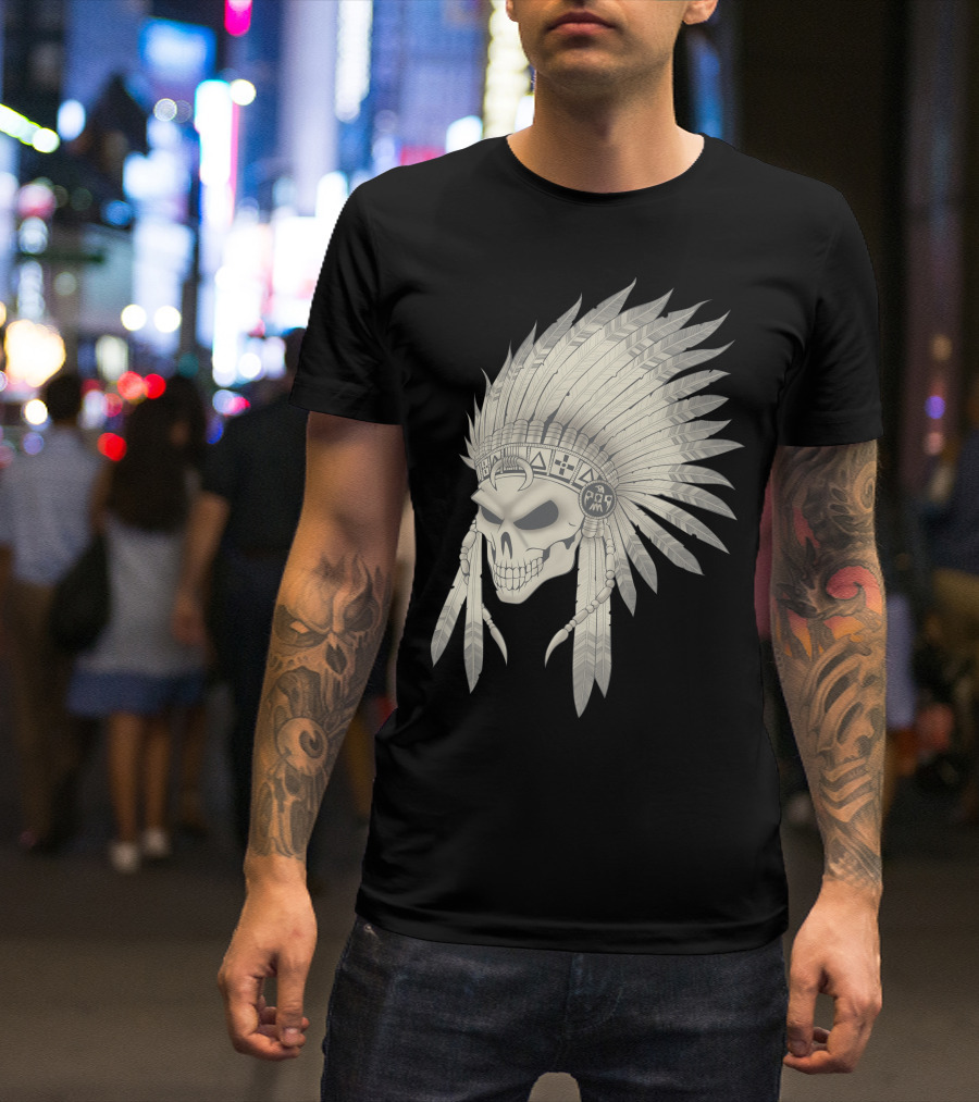 Pencyl Art Indian Skull Feather Headdress T-Shirt