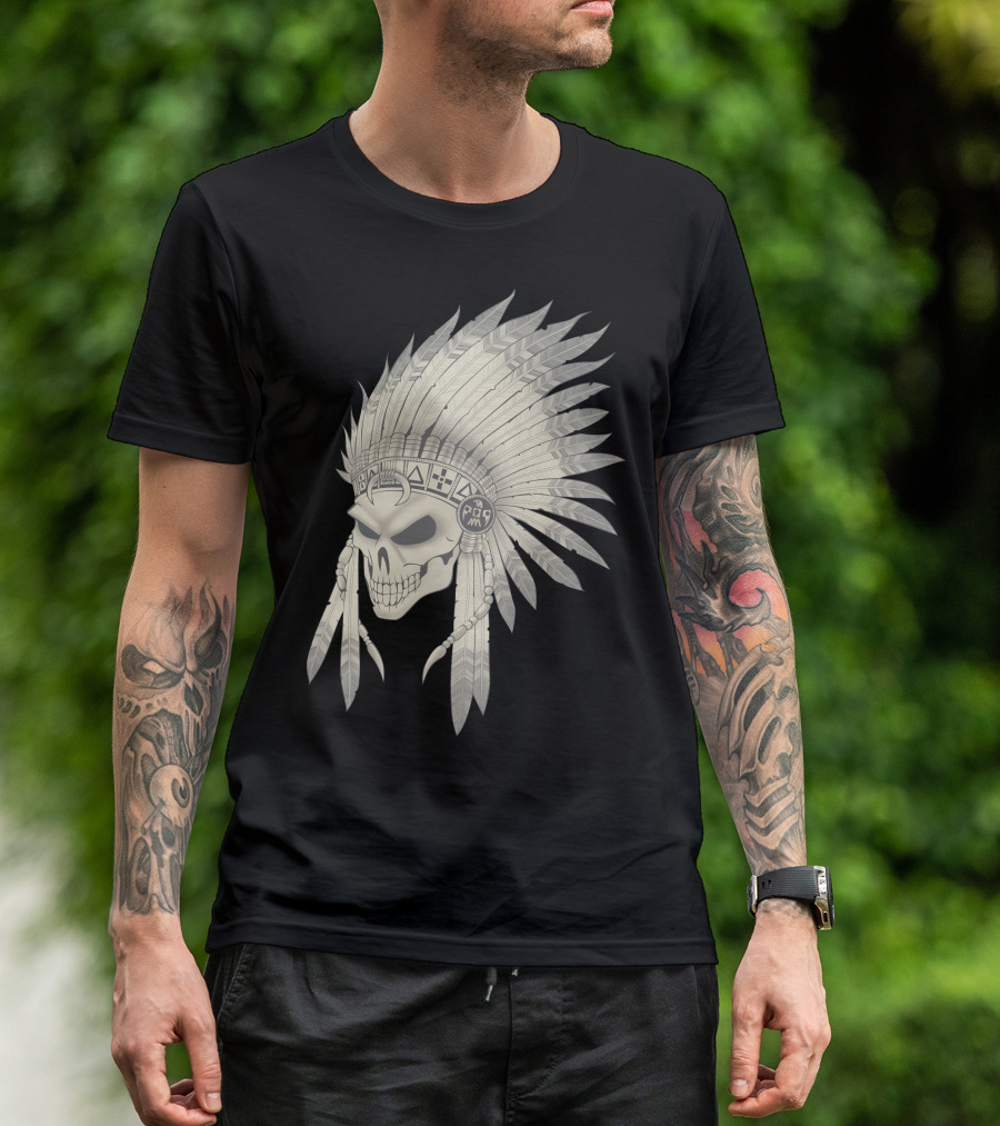 Pencyl Art Indian Skull Feather Headdress T-Shirt
