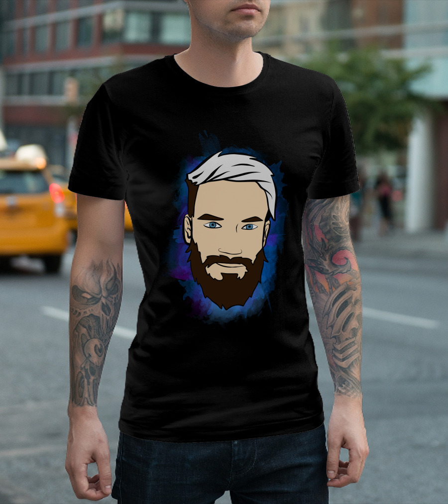 Pewdiepie Iconic Face Cartoon Style White Hair Blue Eyes Beard T-Shirt