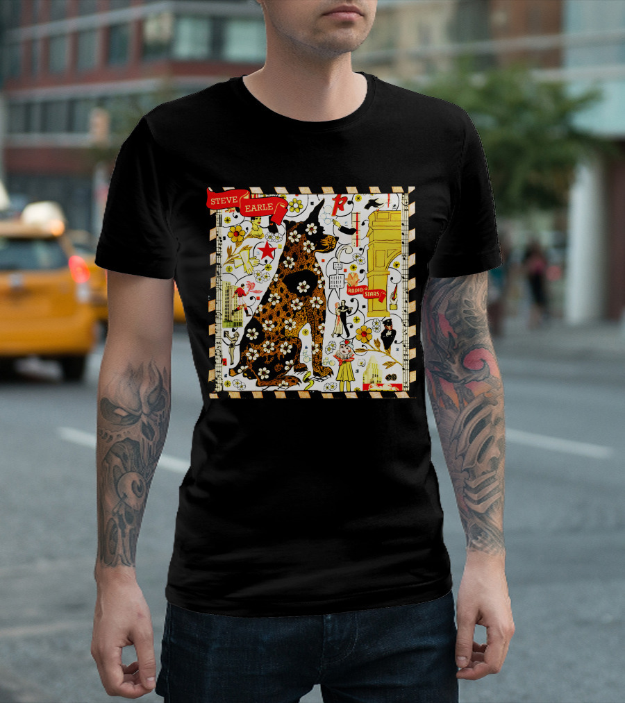 Steve Earle Radio Stars Retro Floral Cat T-Shirt