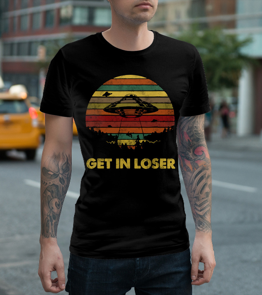 Get In Loser UFO Retro Sunset UFO Abduction Vintage Stripes T-Shirt