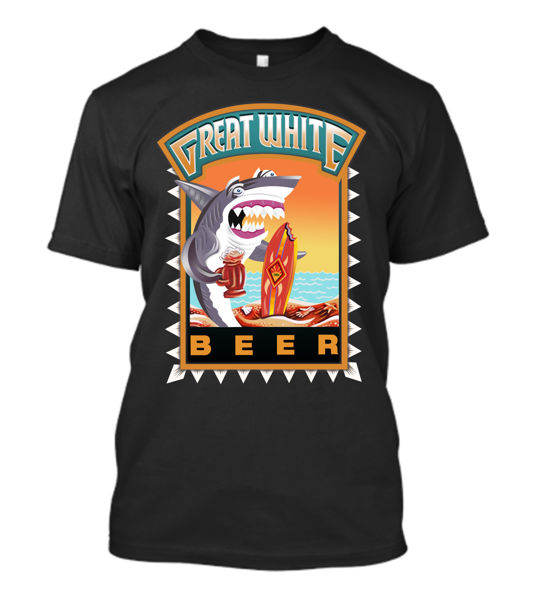 Great White Beer Shark Surfing With Mug On Sunset Beach T-Shirt