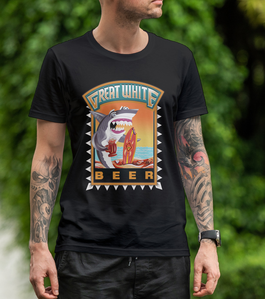 Great White Beer Shark Surfing With Mug On Sunset Beach T-Shirt