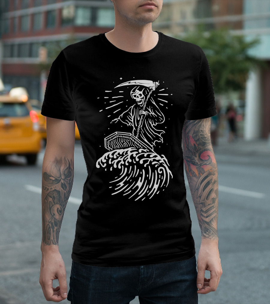 Grim Reaper Riding Coffin Wave Surf T-Shirt