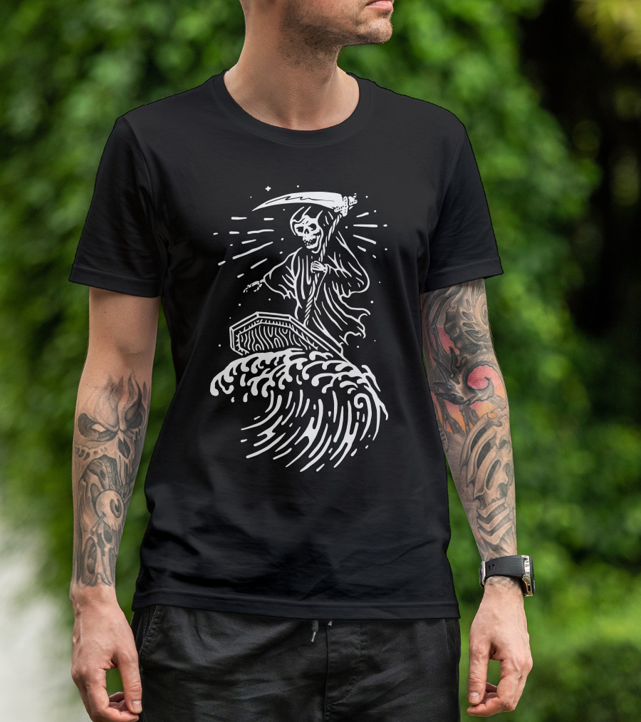 Grim Reaper Riding Coffin Wave Surf T-Shirt