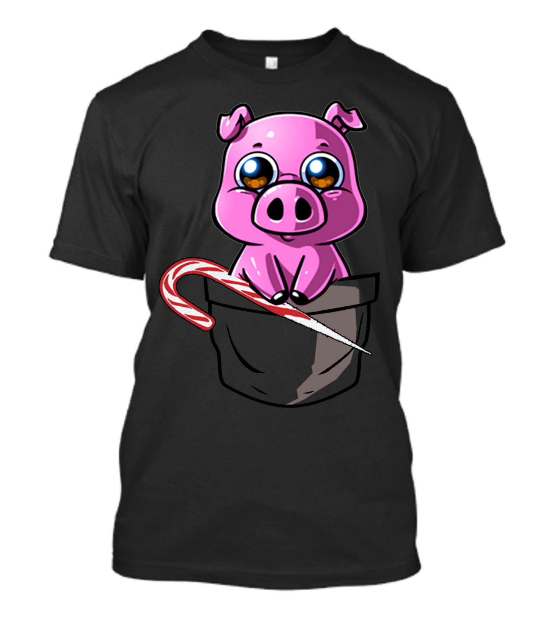 Adult Billy Cute Cartoon Pig With Candy Cane In Pocket T-Shirt
