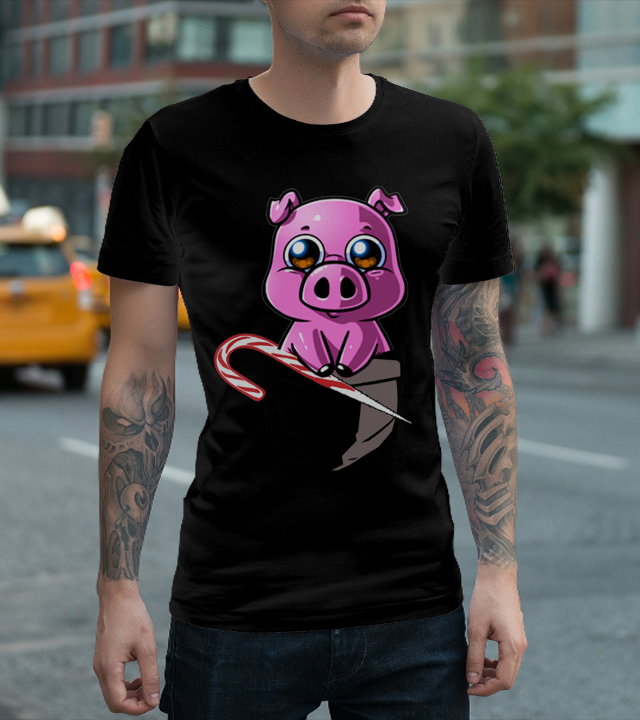Adult Billy Cute Cartoon Pig With Candy Cane In Pocket T-Shirt