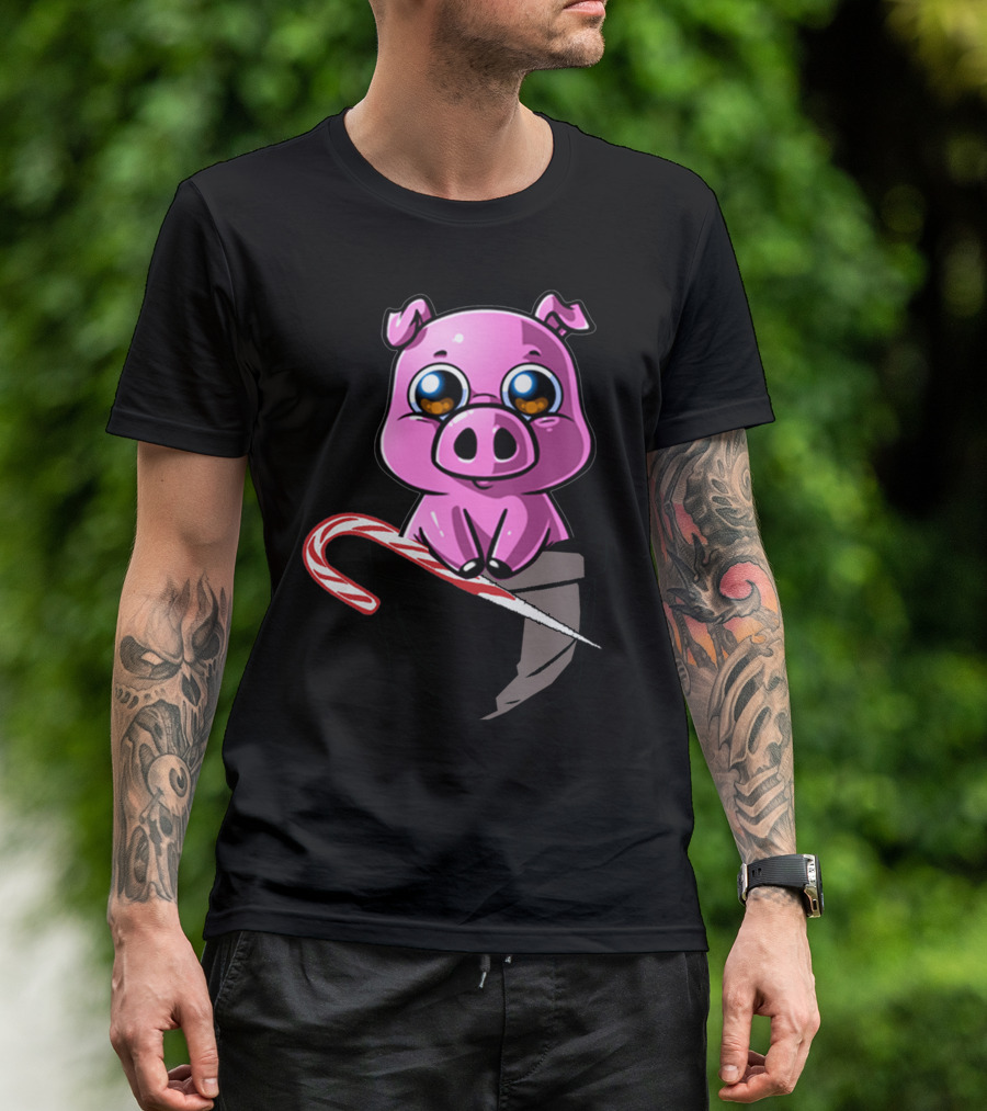 Adult Billy Cute Cartoon Pig With Candy Cane In Pocket T-Shirt