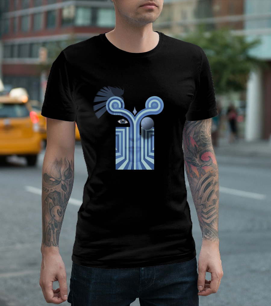 Chameleons Vox Optical Illusion Face with Eyes and Blue Abstract T-Shirt