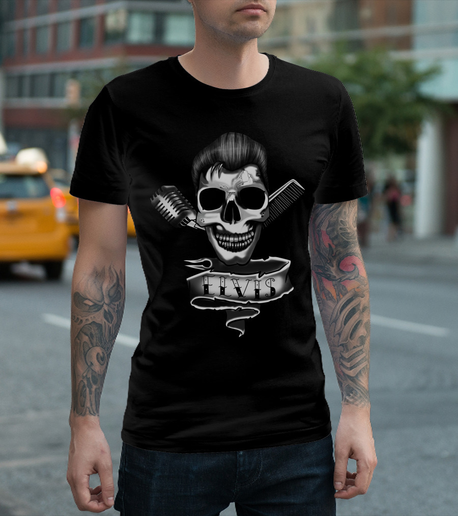 Elvis Gothic Skull with Microphone and Comb T-Shirt