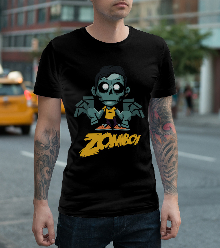 Funny Zomboy Cartoon Character with Green Skin and Yellow T-Shirt