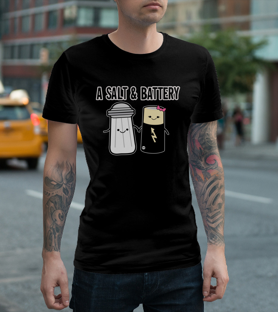 A Salt And Battery Cute Cartoon Parody With Smiling Salt Shaker And Battery T-Shirt