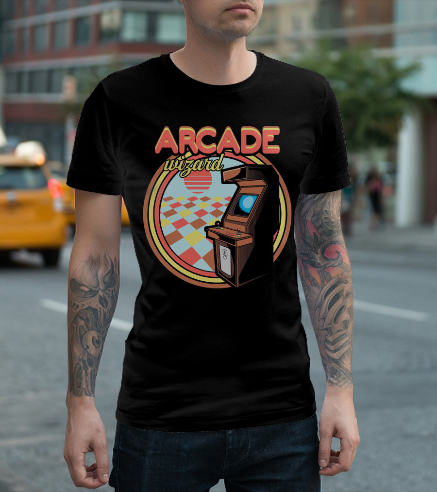 Arcade Wizard Retro Arcade Machine with Checkered Sunset Background T-Shirt