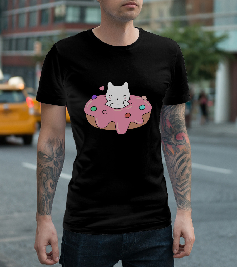 Cute Cat Inside Pink Sprinkle Donut with Heart T-Shirt