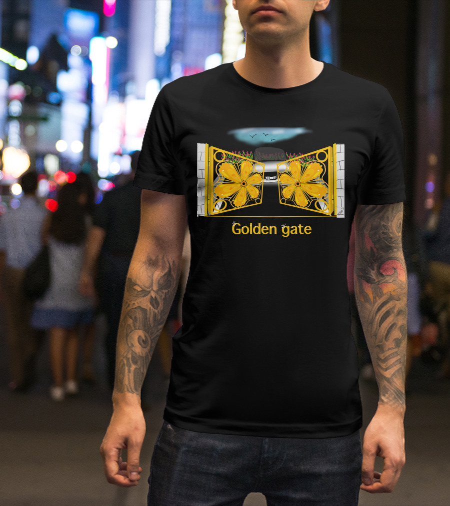 Golden Gate Floral Design With Stone Pillars And Car T-Shirt