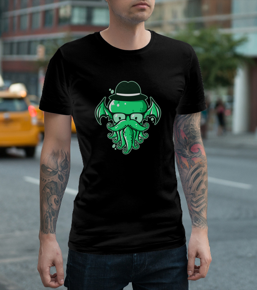 Hipster Cthulhu Mustachioed Gentleman With Fedora And Glasses T-Shirt