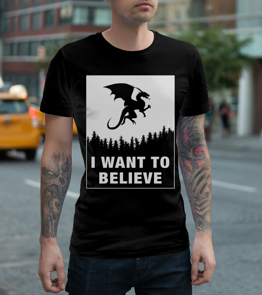 I Want To Believe Dungeons And Dragons Forest Silhouette Dragon Appeal T-Shirt
