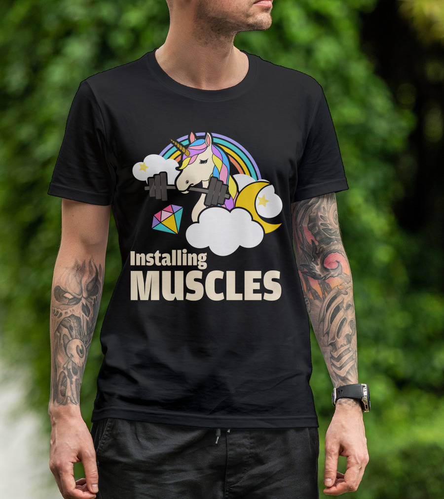 Installing Muscles Unicorn Rainbow Clouds Moon Stars T-Shirt