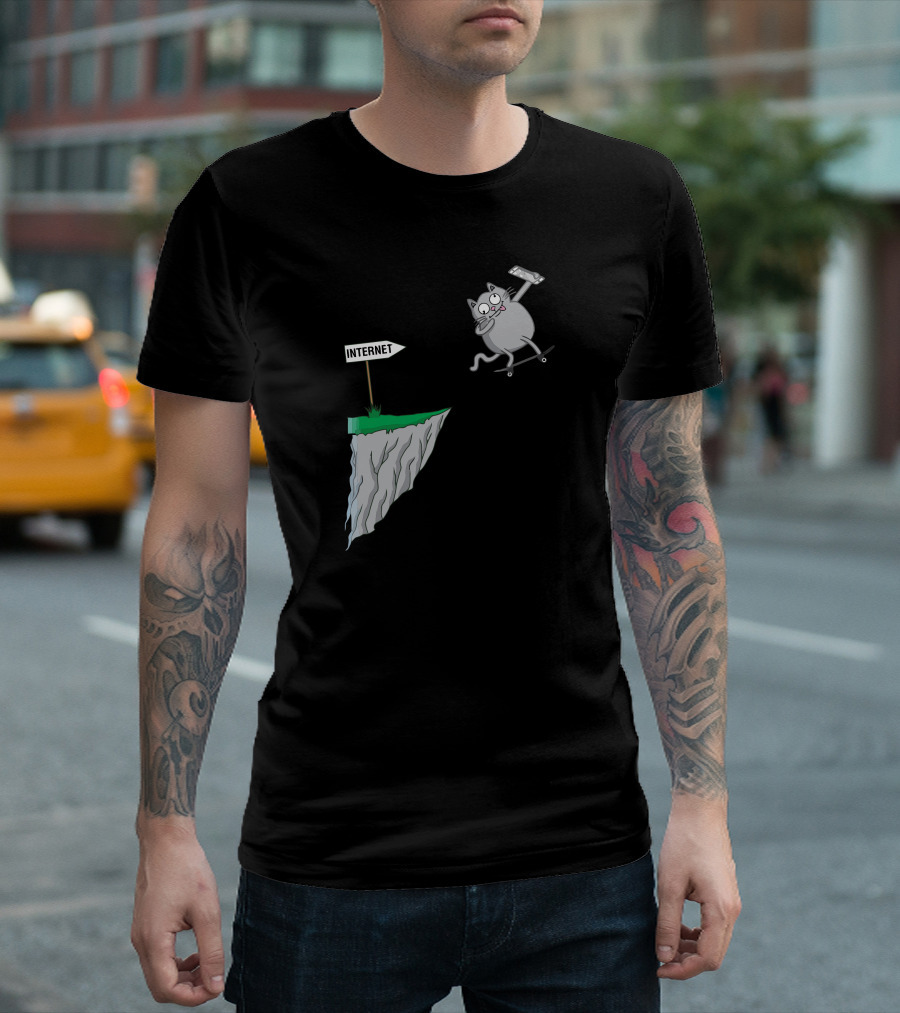 Grinning Cat Skateboarding Off Cliff with Internet Sign in Paw T-Shirt