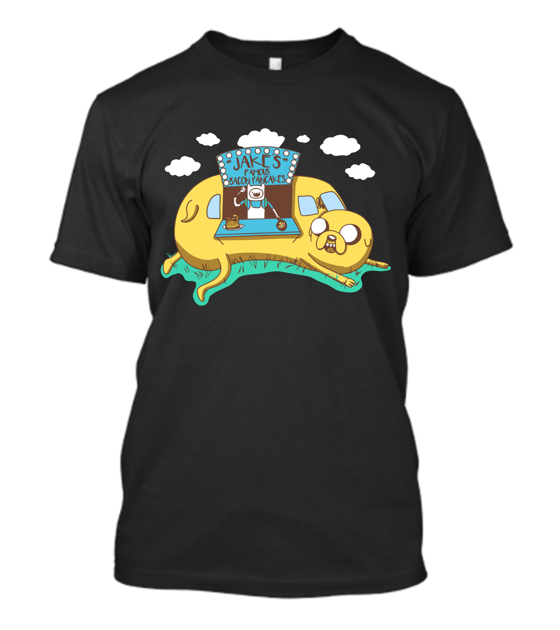 Jakes Famous Bacon Pancakes Cartoon Dog And Pancake Stand With Clouds And Classic Comic T-Shirt