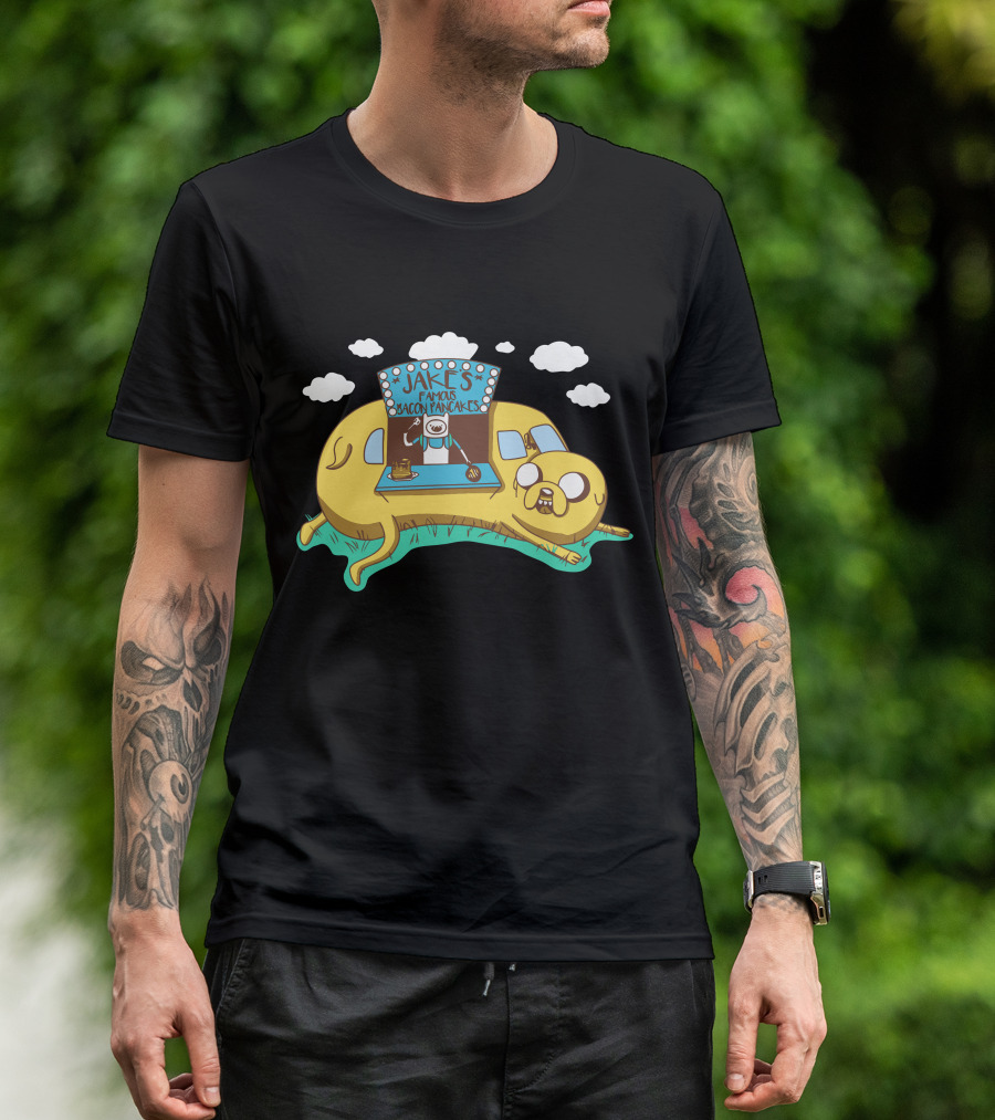 Jakes Famous Bacon Pancakes Cartoon Dog And Pancake Stand With Clouds And Classic Comic T-Shirt