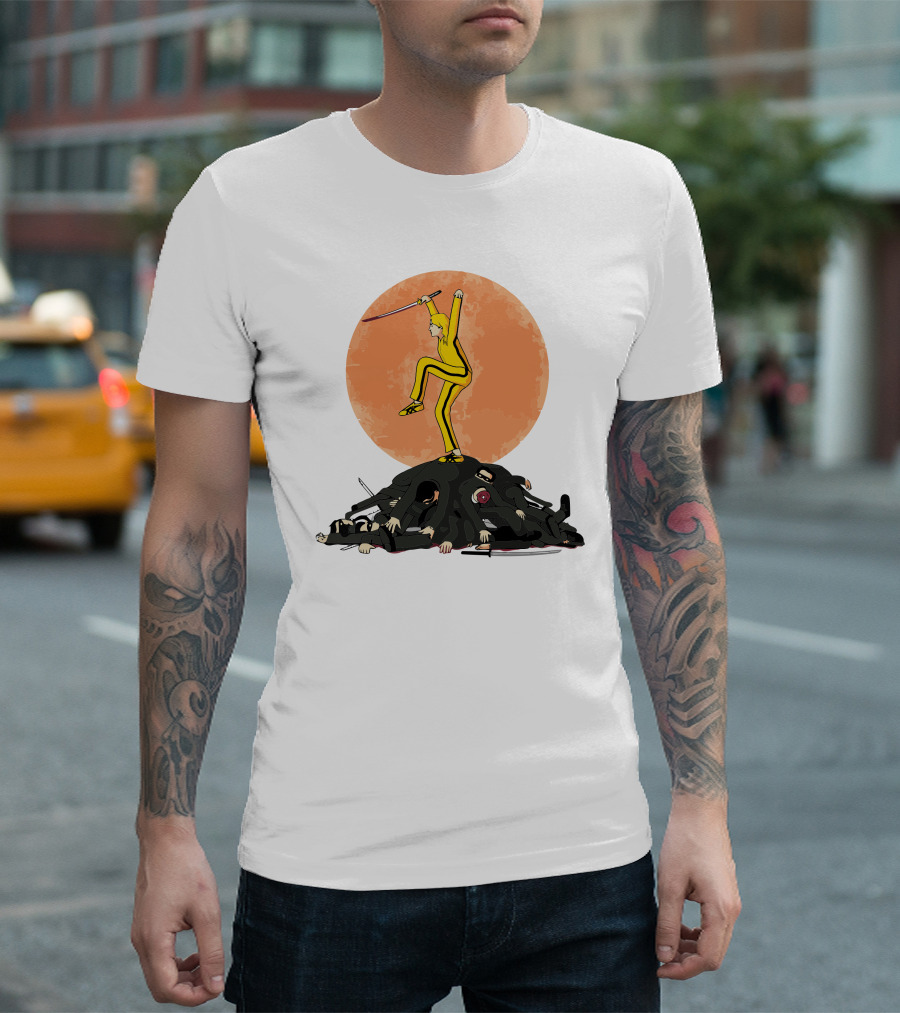 Karate Bill Yellow Jumpsuit Warrior On Ninja Pile Moon Background T-Shirt