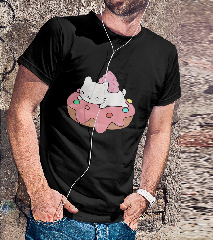Kawaii Kitten Resting On Pink Frosted Donut With Sprinkles T-Shirt
