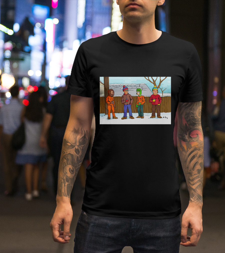 King Of The Park Animated Winter Scene With Four Characters In Colorful Coats T-Shirt