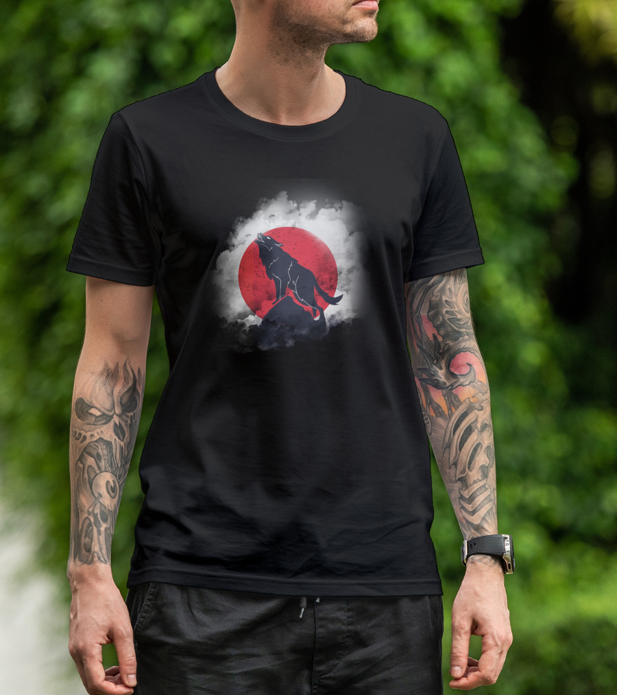 Night Wolf Howling At Full Moon With Red Sun And Dark Sky Clouds T-Shirt