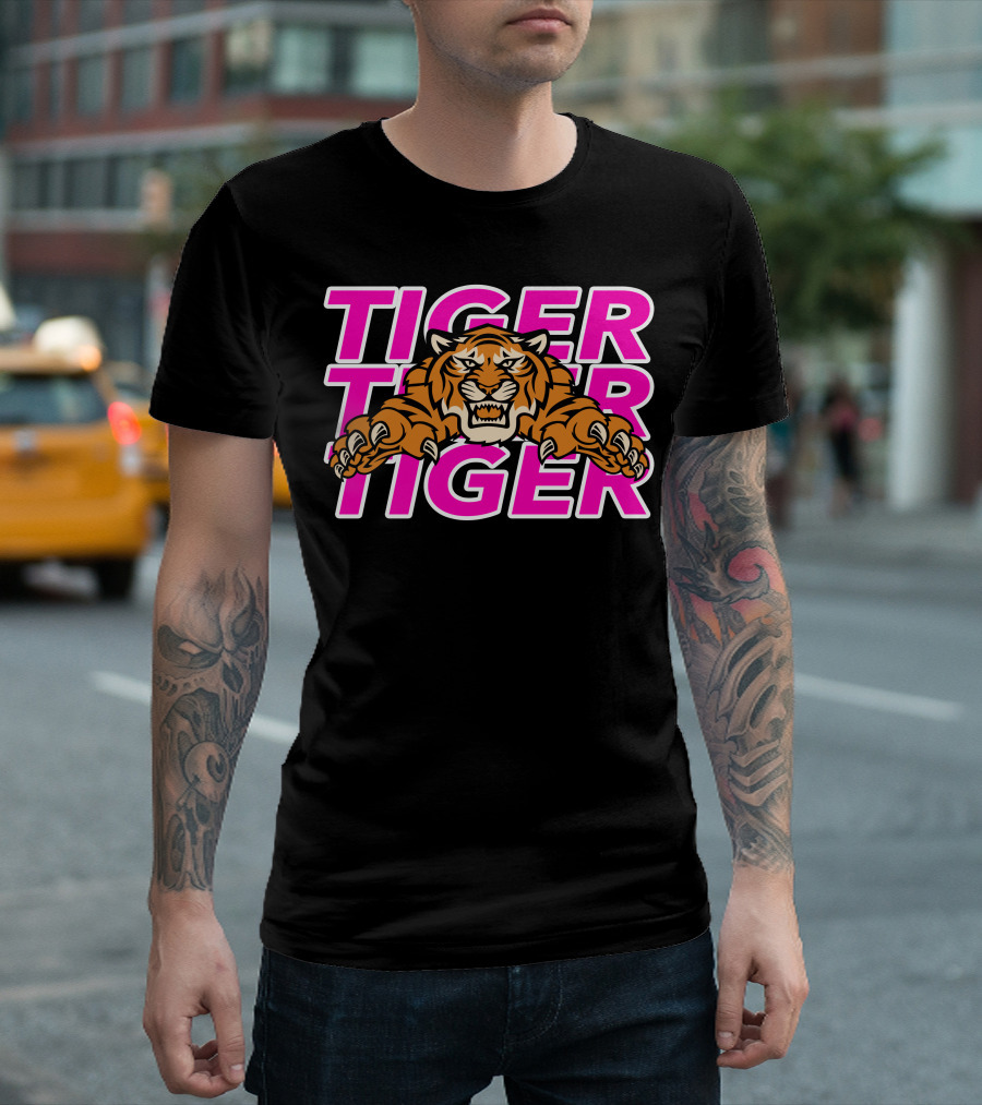 Tiger Tiger Tiger Bold Pink Letters Fierce Tiger Head T-Shirt